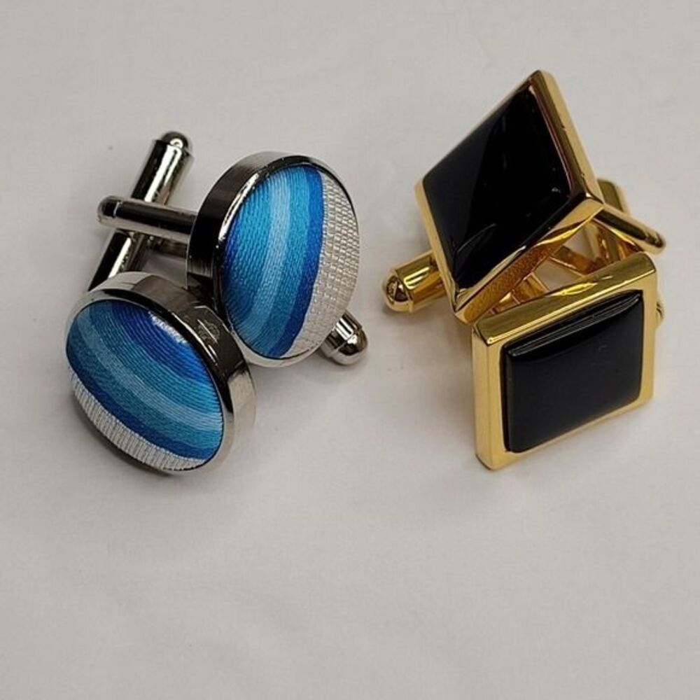 ^Cuff links set of 2 blue, white fabric black gold
